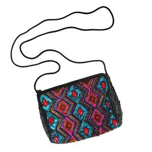 Vintage Black Multicolor Sequined 80s 90s Retro Small Cocktail Bag Crossbody